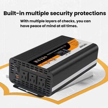 XUYUAN Pure Sine Wave Inverter for Car Battery Power Conversion - compact black inverter with AC outlets and USB ports for road trips and off-grid use