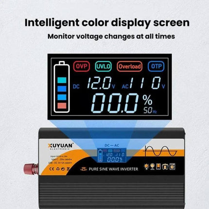 XUYUAN Pure Sine Wave Inverter for Car Battery Power Conversion shown with intelligent color display screen monitoring voltage and output