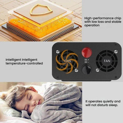 XUYUAN Pure Sine Wave Inverter for Car Battery Power Conversion showing fans, temperature-controlled chip, and quiet operation for sleep-safe vehicle use