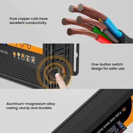 XUYUAN Pure Sine Wave Inverter for Car Battery Power Conversion showing copper coils, one-button switch, and aluminum-magnesium alloy casing