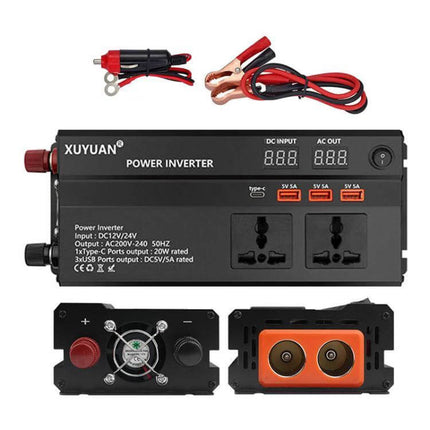 Xuyuan Car Power Inverter with LED Display for Vehicle Use - compact 12V/24V to 220V inverter with LED display, multiple AC sockets and USB ports