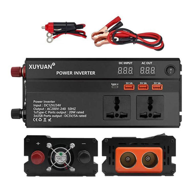 Xuyuan Car Power Inverter with LED Display for Vehicle Use - compact 12V/24V to 220V inverter with LED display, multiple AC sockets and USB ports