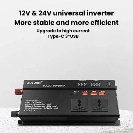 Xuyuan Car Power Inverter with LED Display for Vehicle Use - 12V/24V inverter with dual AC sockets and Type-C + 3 USB ports
