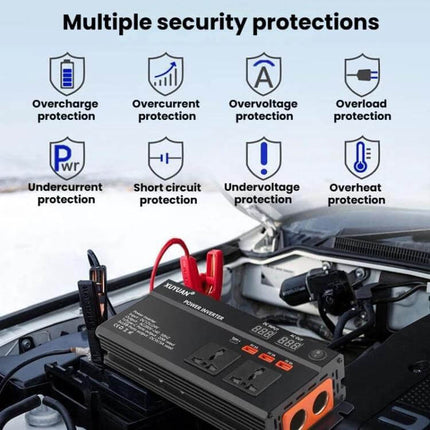 Xuyuan Car Power Inverter with LED Display for Vehicle Use shown connected to a car battery powering outlets and USB ports, highlighting safety protections