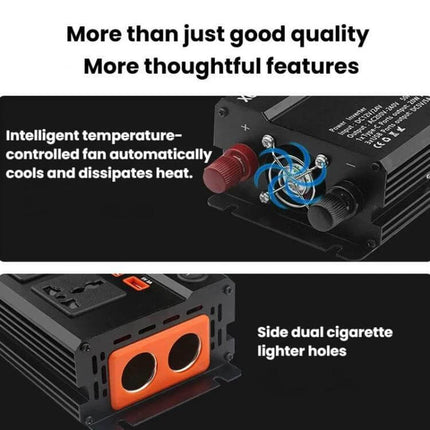 Xuyuan Car Power Inverter with LED Display for Vehicle Use showing temperature-controlled cooling fan and dual cigarette lighter sockets