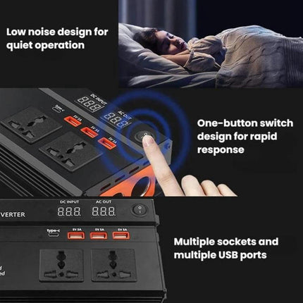 Xuyuan Car Power Inverter with LED Display for Vehicle Use showing LED screen, multiple sockets and USB ports, one-button switch and quiet design
