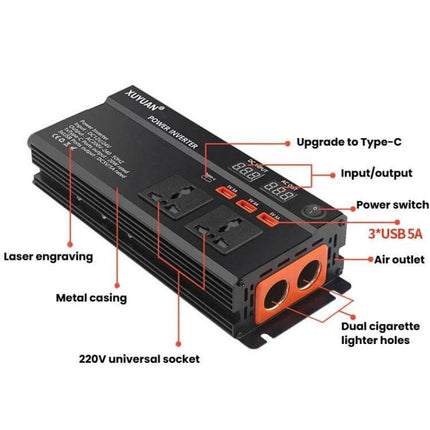 Xuyuan Car Power Inverter with LED Display for Vehicle Use — 12V/24V to 220V inverter with dual sockets, USB ports, Type-C, LED display, metal casing