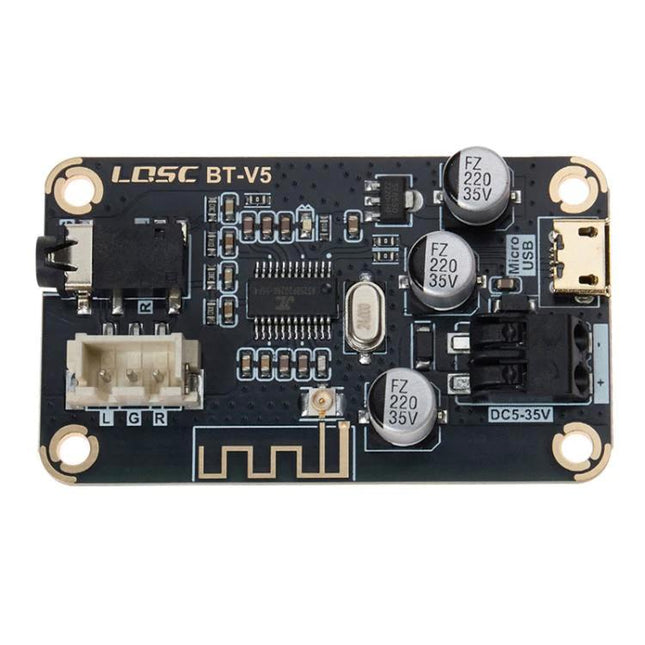 LQSC Bluetooth Car Audio Receiver Module for DIY Vehicles front view of BT-V5 board with micro USB, capacitors and connectors
