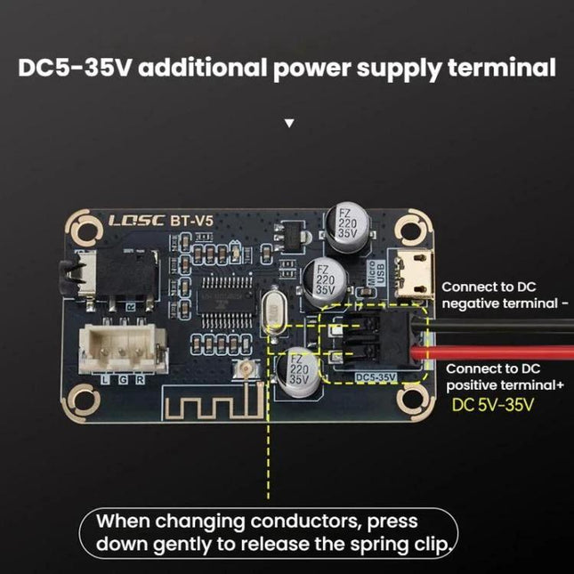 LQSC Bluetooth Car Audio Receiver Module for DIY Vehicles showing DC5-35V power terminal and micro USB input