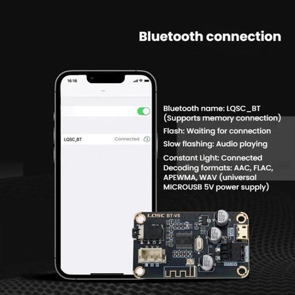 LQSC Bluetooth Car Audio Receiver Module for DIY Vehicles showing phone pairing screen and module board