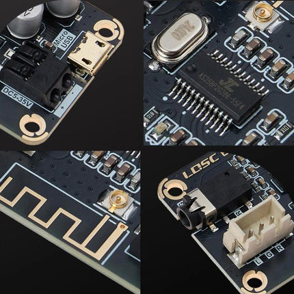 LQSC Bluetooth Car Audio Receiver Module for DIY Vehicles close-up PCB collage showing micro USB, IC, antenna trace, jack and connector