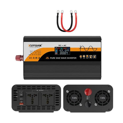 Universal Car Inverter for Powering Household Devices - pure sine wave inverter with display, AC outlets and DC cables for camping, road trips, emergencies