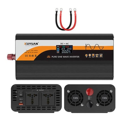 Universal Car Inverter for Powering Household Devices - pure sine wave inverter with display, AC outlets, cooling fans and battery cables for camping, road trips
