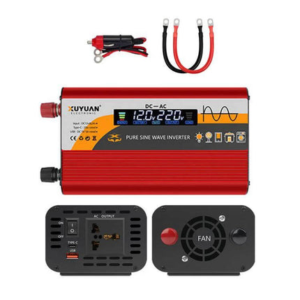 Universal Car Inverter for Powering Household Devices - red pure sine wave inverter with display and cables for camping and emergencies