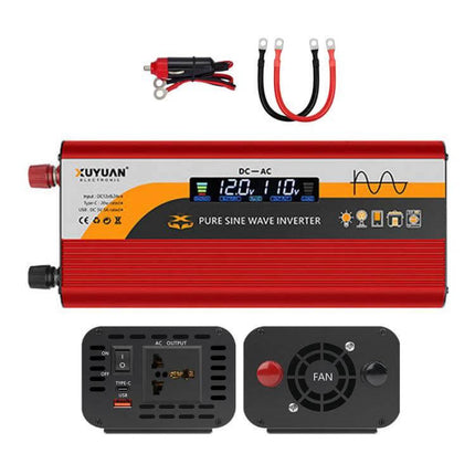 Universal Car Inverter for Powering Household Devices - red pure sine wave inverter with cables, display and AC outlets for road trips and emergencies