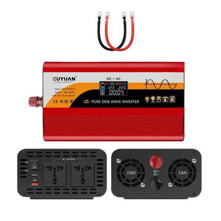 Universal Car Inverter for Powering Household Devices - red pure sine wave inverter with cables, AC outlets and cooling fans