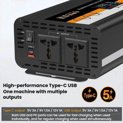 Universal Car Inverter for Powering Household Devices black inverter unit with dual AC outlets, Type-C and USB ports for camping and emergencies