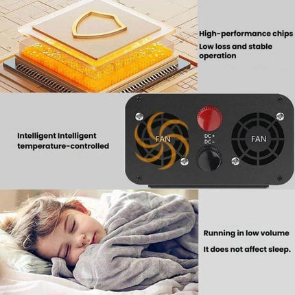 Universal Car Inverter for Powering Household Devices showing cooling fans, control knobs, and quiet operation for sleeping child