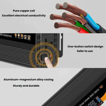 Universal Car Inverter for Powering Household Devices showing copper coils, one-button switch, and aluminum-magnesium alloy casing