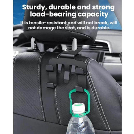Multifunctional Car Seat Back Hook Phone Holder 4 Pack shown installed on car headrest holding a water bottle, durable load-bearing design