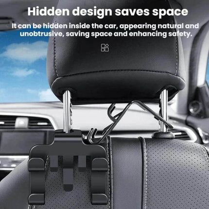 Multifunctional Car Seat Back Hook Phone Holder 4 Pack hanging discreetly behind headrest to organize car interior and hold phones and accessories