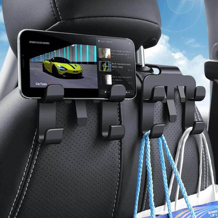 Multifunctional Car Seat Back Hook Phone Holder 4 Pack mounted on headrest holding phone and bags, durable space-saving car organizer