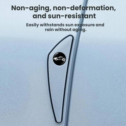 Set of 4 Car Door and Mirror Anti-Scratch Protectors shown installed on car door edge, white textured PVC, non-aging and sun-resistant