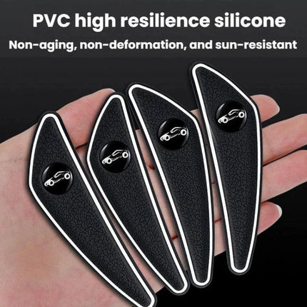 Set of 4 Car Door and Mirror Anti-Scratch Protectors black PVC guards shown on hand, durable non-residue parking bumper protectors