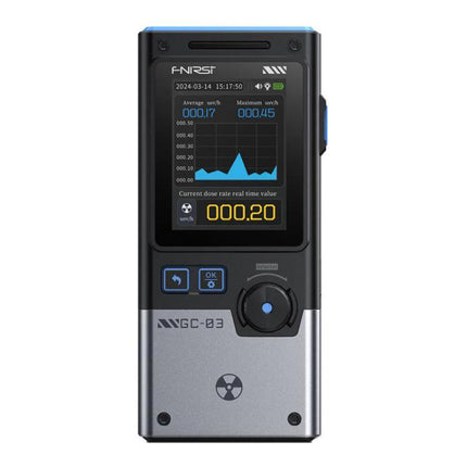 FNIRSI Three-in-One Radiation Detector for Environmental Safety handheld device showing real-time radiation dose graph and numeric reading
