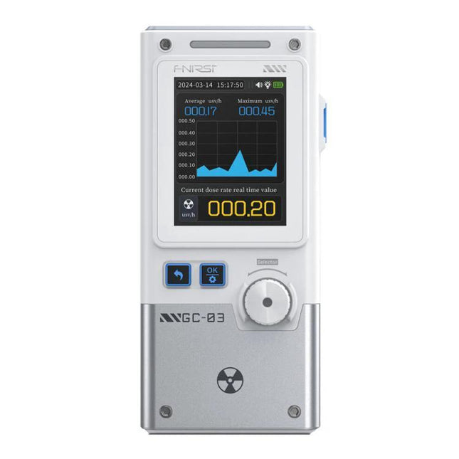 FNIRSI Three-in-One Radiation Detector for Environmental Safety handheld device with color display showing radiation graph and numeric reading