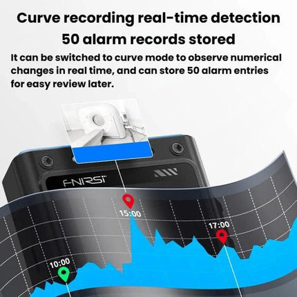 FNIRSI Three-in-One Radiation Detector for Environmental Safety showing curve recording real-time detection and 50 alarm records stored