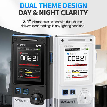 FNIRSI Three-in-One Radiation Detector for Environmental Safety showing dual theme day and night display on two devices
