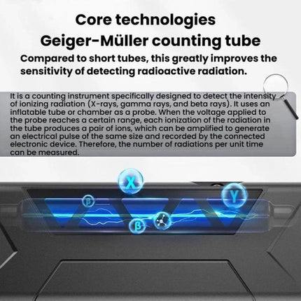 FNIRSI Three-in-One Radiation Detector for Environmental Safety showing Geiger–Müller counting tube core technologies and display