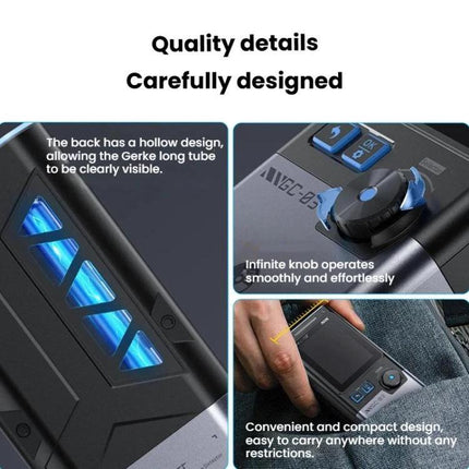 FNIRSI Three-in-One Radiation Detector for Environmental Safety showing device close-ups: vented back, smooth control knob, and compact handheld use