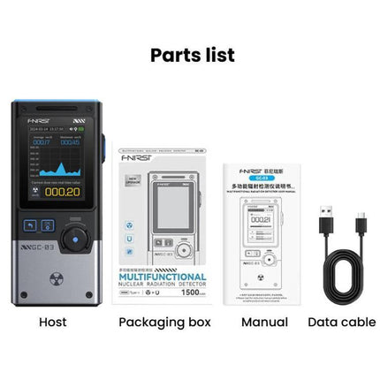 FNIRSI Three-in-One Radiation Detector for Environmental Safety parts list showing host, packaging box, manual, and USB data cable