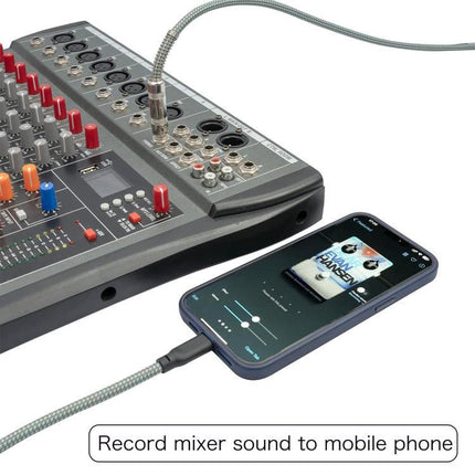Cable for Connecting Guitar to Phone for Recording Sessions plugged between mixer and Type-C phone for mobile recording, braided cable, plug-and-play
