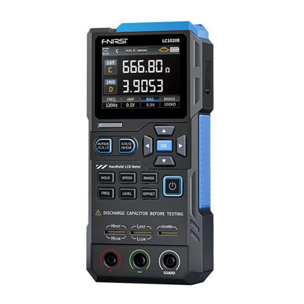 FNIRSI Handheld Digital Tester for Capacitance and Resistance Measurements displaying capacitance and resistance readings on a handheld LCR meter
