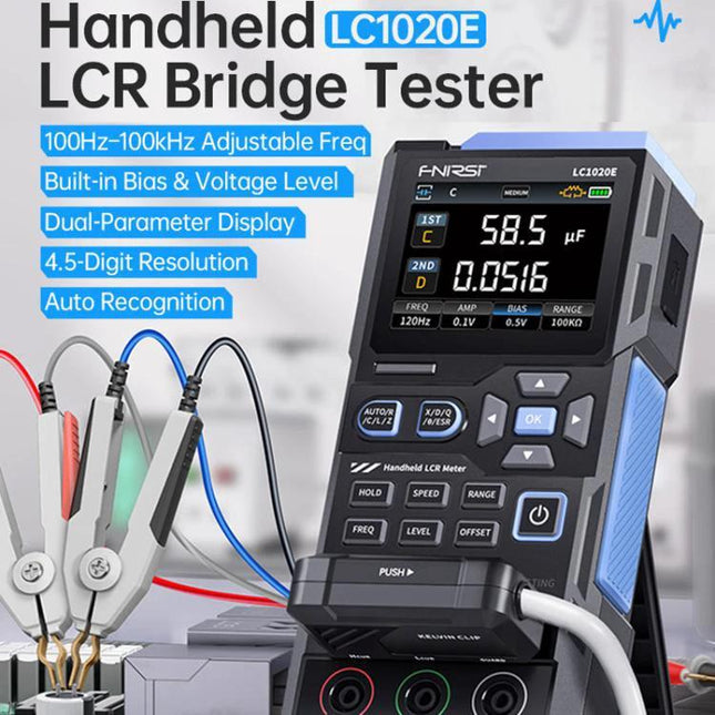 FNIRSI Handheld Digital Tester for Capacitance and Resistance Measurements — handheld LCR meter showing capacitance/resistance readings for circuit testing