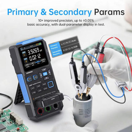 FNIRSI Handheld Digital Tester for Capacitance and Resistance Measurements showing probe testing a capacitor with on-screen readings