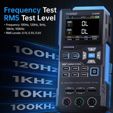 FNIRSI Handheld Digital Tester for Capacitance and Resistance Measurements — handheld LCR meter showing frequency/RMS test screen and controls