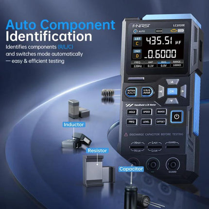 FNIRSI Handheld Digital Tester for Capacitance and Resistance Measurements showing auto component identification screen with labeled inductor resistor capacitor