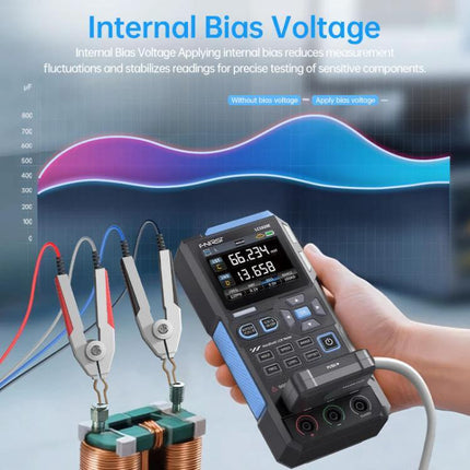 FNIRSI Handheld Digital Tester for Capacitance and Resistance Measurements showing device measuring inductors with probes and internal bias voltage graphic