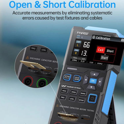 FNIRSI Handheld Digital Tester for Capacitance and Resistance Measurements showing open & short calibration screen and test leads