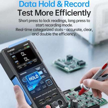 FNIRSI Handheld Digital Tester for Capacitance and Resistance Measurements - handheld meter showing data hold while testing PCB components