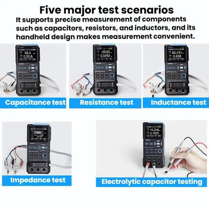 FNIRSI Handheld Digital Tester for Capacitance and Resistance Measurements showing tests for capacitance, resistance, inductance, impedance and electrolytic capacitor