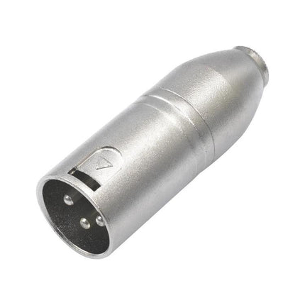 Compact silver adapter that Connects Microphones to Cameras for Everyday Audio Recording, balanced noise-reducing XLR-to-mini connection