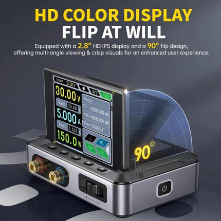 FNIRSI Portable Adjustable Power Supply for Daily Electronics Use compact unit with 2.8-inch color display and 90° flip for testing circuits