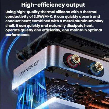 FNIRSI Portable Adjustable Power Supply for Daily Electronics Use showing metal alloy shell, binding posts, and internal cooling airflow