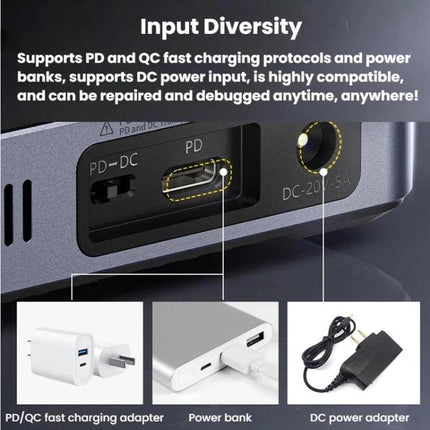 FNIRSI Portable Adjustable Power Supply for Daily Electronics Use showing PD port, DC jack, and adapter options