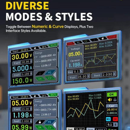 FNIRSI Portable Adjustable Power Supply for Daily Electronics Use compact unit showing numeric and curve display modes for testing circuits and charging devices